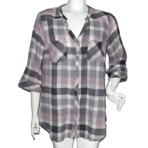 TORRID Button Down Top, 2X Purple Plaid, Pockets, Tab Sleeve, Cotton, Curved hem